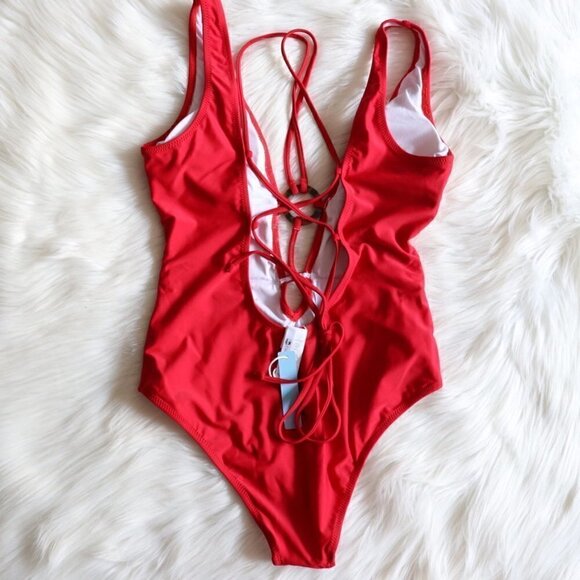 NEW Red Strappy Sexy Lace Up One Piece Swimsuit Size Medium - Picture 6 of 9
